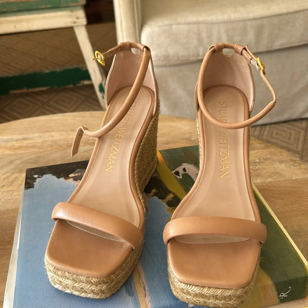 Stuart Weitzman Tan Espadrille Wedge Sandals